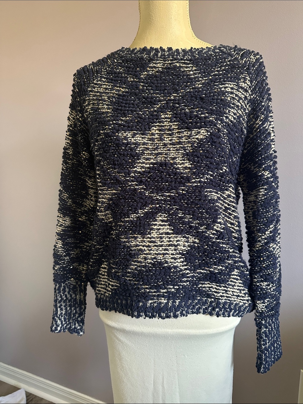 Cozy Navy and Cream Star Pattern Women's Sweater